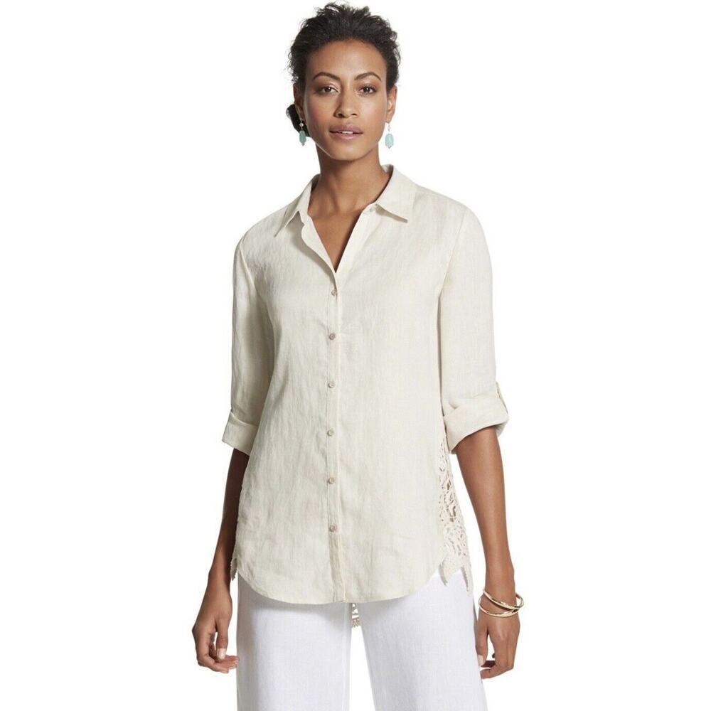 Beautiful Chicos Geometric Lace Katie Shirt Beige Linen Size 1